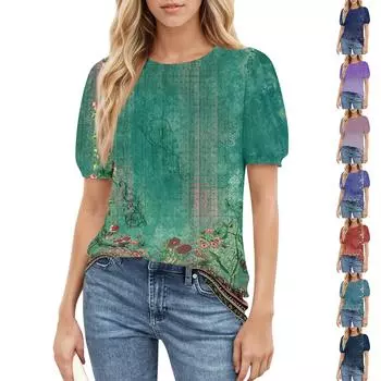 Женский повседневный топ с круглым вырезом и коротким рукавом, с плиссировкой и расклешенными рукавами, с цветочным принтом M