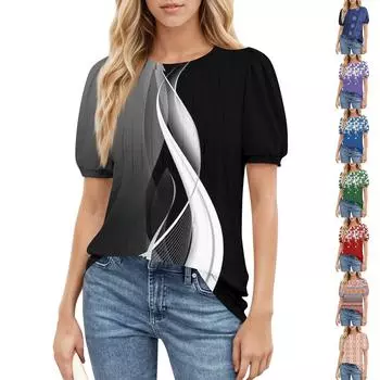 Женский повседневный топ с круглым вырезом и коротким рукавом, с плиссировкой и расклешенными рукавами, с цветочным принтом L чёрный