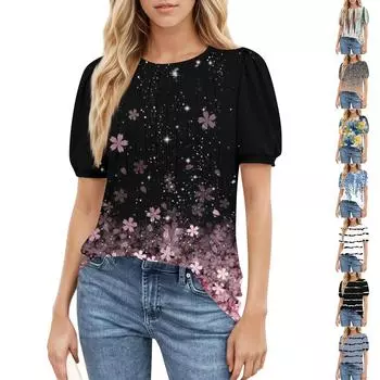 Женский повседневный топ с круглым вырезом и коротким рукавом, с плиссировкой и расклешенными рукавами, с цветочным принтом S