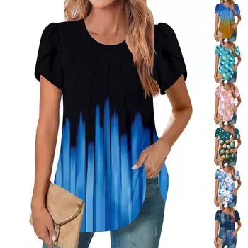 Женский повседневный топ с круглым вырезом и коротким рукавом, с плиссировкой и расклешенными рукавами, с цветочным принтом L темно-зеленого