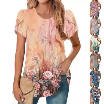 Женский повседневный топ с круглым вырезом и коротким рукавом, с плиссировкой и расклешенными рукавами, с цветочным принтом XXXL