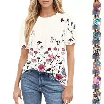 Женский повседневный топ с круглым вырезом и коротким рукавом, с плиссировкой и расклешенными рукавами, с цветочным принтом L белый