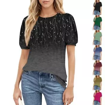 Женский повседневный топ с круглым вырезом и коротким рукавом, с плиссировкой и расклешенными рукавами, с цветочным принтом S