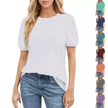 Женский повседневный топ с круглым вырезом и коротким рукавом, с плиссировкой и расклешенными рукавами, с цветочным принтом XXL