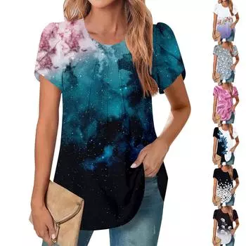 Женский повседневный топ с круглым вырезом и коротким рукавом, с плиссировкой и расклешенными рукавами, с цветочным принтом XXXL