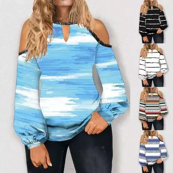 Женский повседневный топ с открытыми плечами и длинными рукавами с принтом для дня моды L чёрный