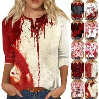 Женский повседневный топ с принтом Хэллоуина, V-образным вырезом, застежкой на пуговицы и рукавами длиной семь четвертей XXXL киноварь