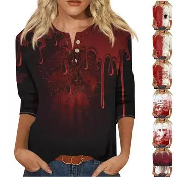Женский повседневный топ с принтом Хэллоуина, V-образным вырезом, застежкой на пуговицы и рукавами длиной семь четвертей XXXXXL винный