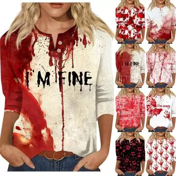 Женский повседневный топ с принтом Хэллоуина, V-образным вырезом, застежкой на пуговицы и рукавами длиной семь четвертей M чёрный