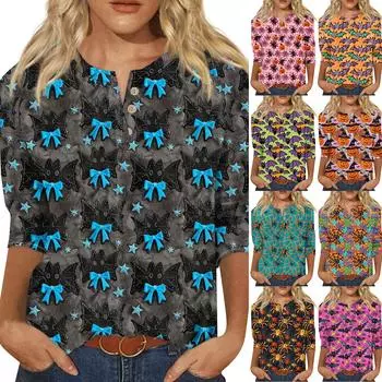 Женский повседневный топ с принтом Хэллоуина, V-образным вырезом, застежкой на пуговицы и рукавами длиной семь четвертей XXXXL зелёный