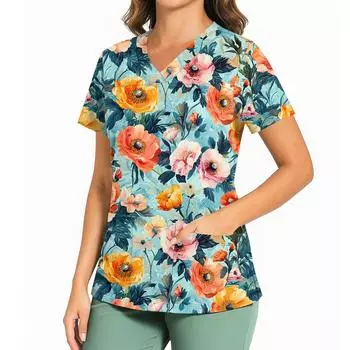 Женский повседневный топ с принтом, V-образным вырезом, карманом, боковым разрезом и короткими рукавами XXXL синий