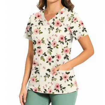 Женский повседневный топ с принтом, V-образным вырезом, карманом, боковым разрезом и короткими рукавами XL бежевый