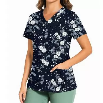 Женский повседневный топ с принтом, V-образным вырезом, карманом, боковым разрезом и короткими рукавами M чёрный