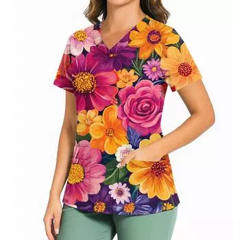 Женский повседневный топ с принтом, V-образным вырезом, карманом, боковым разрезом и короткими рукавами XL винный