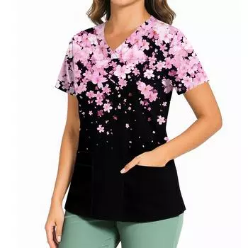 Женский повседневный топ с принтом, V-образным вырезом, карманом, боковым разрезом и короткими рукавами L