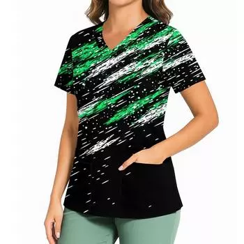 Женский повседневный топ с принтом, V-образным вырезом, карманом, боковым разрезом и короткими рукавами L