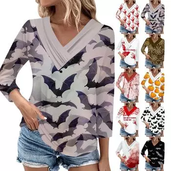 Женский повседневный топ с принтованными плиссированными пуговицами, V-образным вырезом, рукавами семь четвертей, Хэллоуин XXL фиолетовый