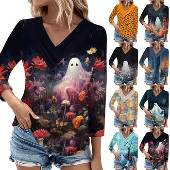 Женский повседневный топ с принтованными плиссированными пуговицами, V-образным вырезом, рукавами семь четвертей, Хэллоуин XL