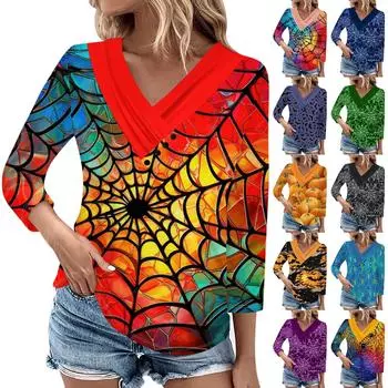 Женский повседневный топ с принтованными плиссированными пуговицами, V-образным вырезом, рукавами семь четвертей, Хэллоуин XL чёрный