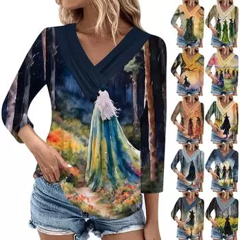 Женский повседневный топ с принтованными плиссированными пуговицами, V-образным вырезом, рукавами семь четвертей, Хэллоуин L циан