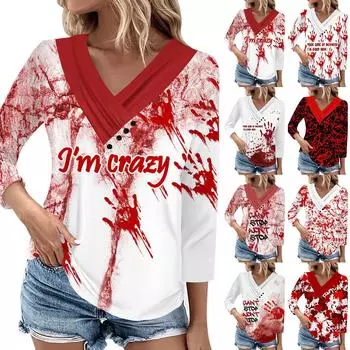 Женский повседневный топ с принтованными плиссированными пуговицами, V-образным вырезом, рукавами семь четвертей, Хэллоуин L винный