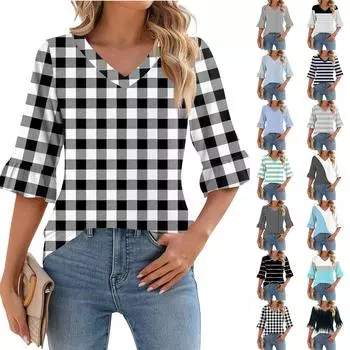 Женский повседневный топ с рукавами 3/4, летняя футболка с v-образным вырезом и пышными рукавами L чёрный