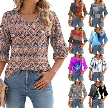 Женский повседневный топ с рукавами 3/4, летняя футболка с v-образным вырезом и пышными рукавами L чёрный