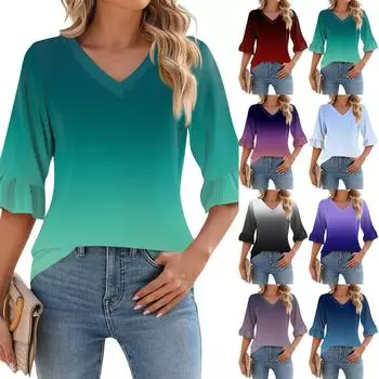 Женский повседневный топ с рукавами 3/4, летняя футболка с v-образным вырезом и пышными рукавами L чёрный