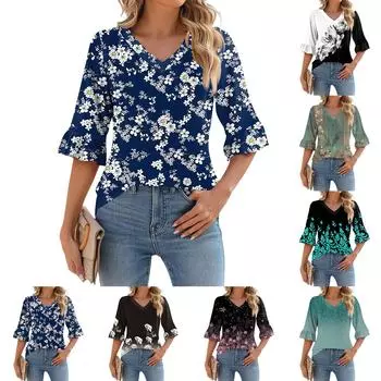Женский повседневный топ с рукавами 3/4, летняя футболка с v-образным вырезом и пышными рукавами L