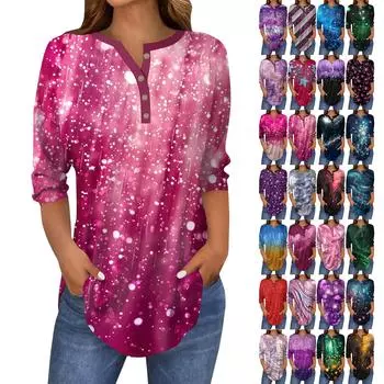 Женский повседневный топ с рукавами 3/4 и принтом пайеток на пуговицах L горячий розовый