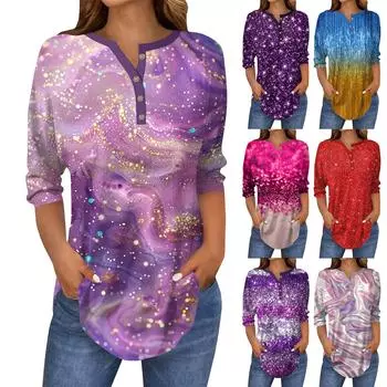 Женский повседневный топ с рукавами 3/4 и принтом пайеток на пуговицах M