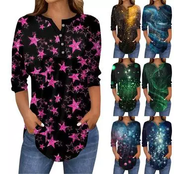 Женский повседневный топ с рукавами 3/4 и принтом пайеток на пуговицах XXL синий