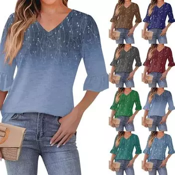 Женский повседневный топ с рукавами 3/4, летняя футболка с v-образным вырезом и пышными рукавами L коричневый