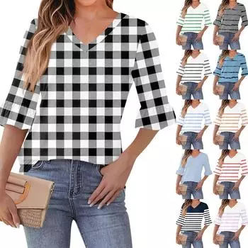 Женский повседневный топ с рукавами 3/4, летняя футболка с v-образным вырезом и пышными рукавами L чёрный