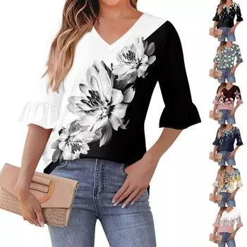 Женский повседневный топ с рукавами 3/4, летняя футболка с v-образным вырезом и пышными рукавами XXXL чёрный