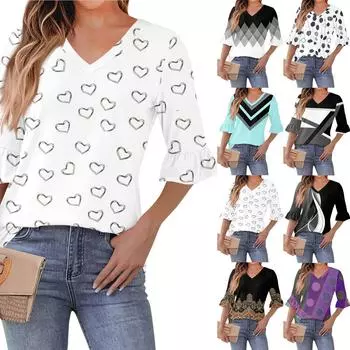 Женский повседневный топ с рукавами 3/4, летняя футболка с v-образным вырезом и пышными рукавами L циан