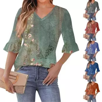 Женский повседневный топ с рукавами 3/4, летняя футболка с v-образным вырезом и пышными рукавами S зелёный