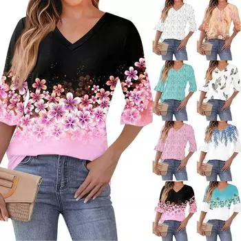 Женский повседневный топ с рукавами 3/4, летняя футболка с v-образным вырезом и пышными рукавами L белый