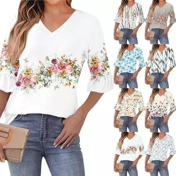Женский повседневный топ с рукавами 3/4, летняя футболка с v-образным вырезом и пышными рукавами S