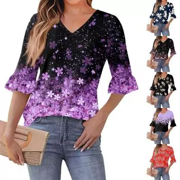 Женский повседневный топ с рукавами 3/4, летняя футболка с v-образным вырезом и пышными рукавами S красный