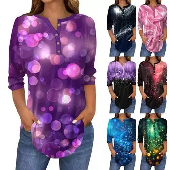 Женский повседневный топ с рукавами 3/4 и принтом пайеток на пуговицах L зелёный