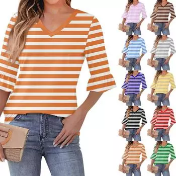 Женский повседневный топ с рукавами 3/4, летняя футболка с v-образным вырезом и пышными рукавами L чёрный