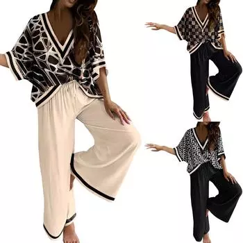 Женский повседневный топ с рукавами с принтом и широкие брюки M чёрный