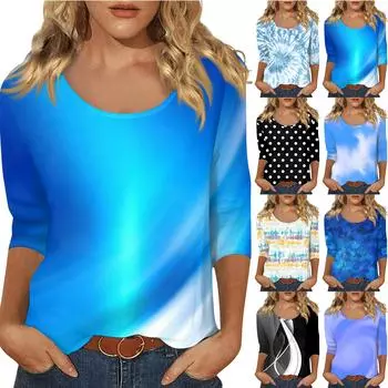 Женский повседневный топ с U-образным вырезом и рукавами 3/4 XXXL синий