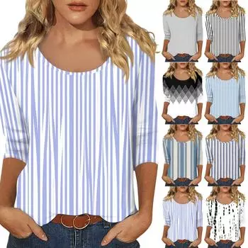 Женский повседневный топ с U-образным вырезом и рукавами 3/4 L синий