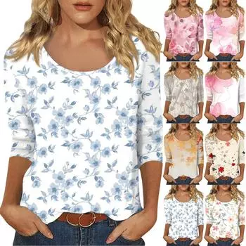 Женский повседневный топ с U-образным вырезом и рукавами 3/4 M оранжевый