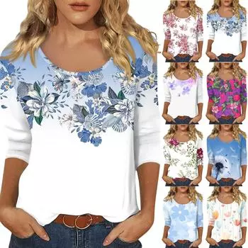 Женский повседневный топ с U-образным вырезом и рукавами 3/4 S оранжевый