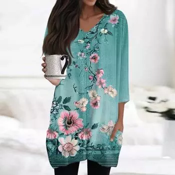 Женский повседневный топ с V-образным вырезом и рукавом 3/4 с винтажным цветочным принтом L циан