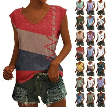 Женский повседневный топ с v-образным вырезом и принтом, свободный пуловер, футболка с короткими рукавами L чёрный