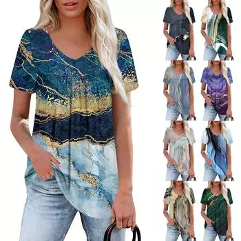 Женский повседневный топ с V-образным вырезом, коротким рукавом, оборкой на груди и принтом L синий